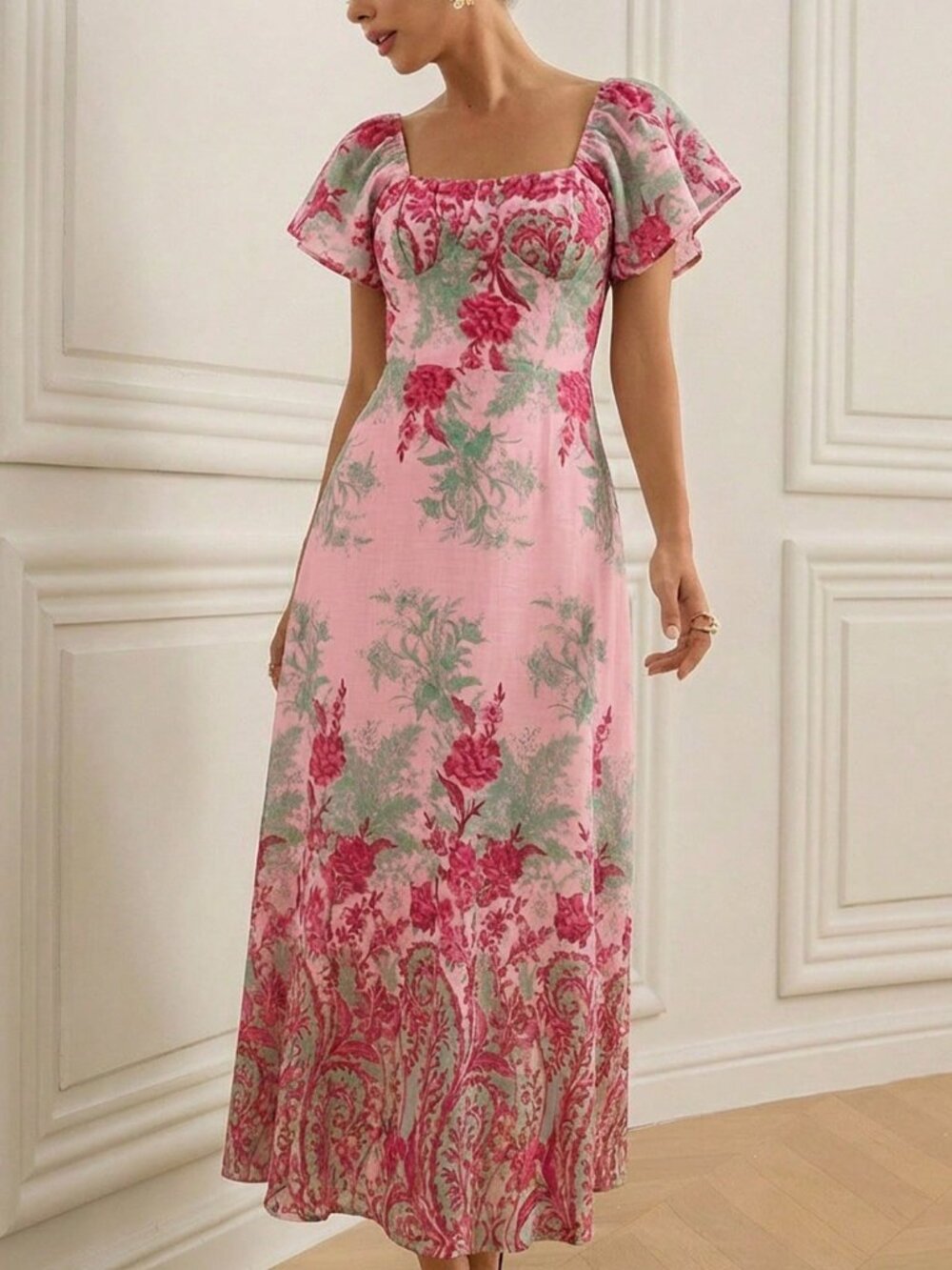 Pink Elegant Women's Floral Print maxi Dress - Picture 3 of 6